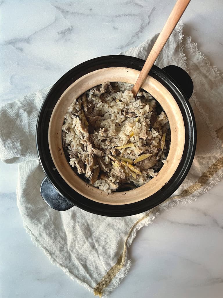 ginger rice with beef and mushroom donabe